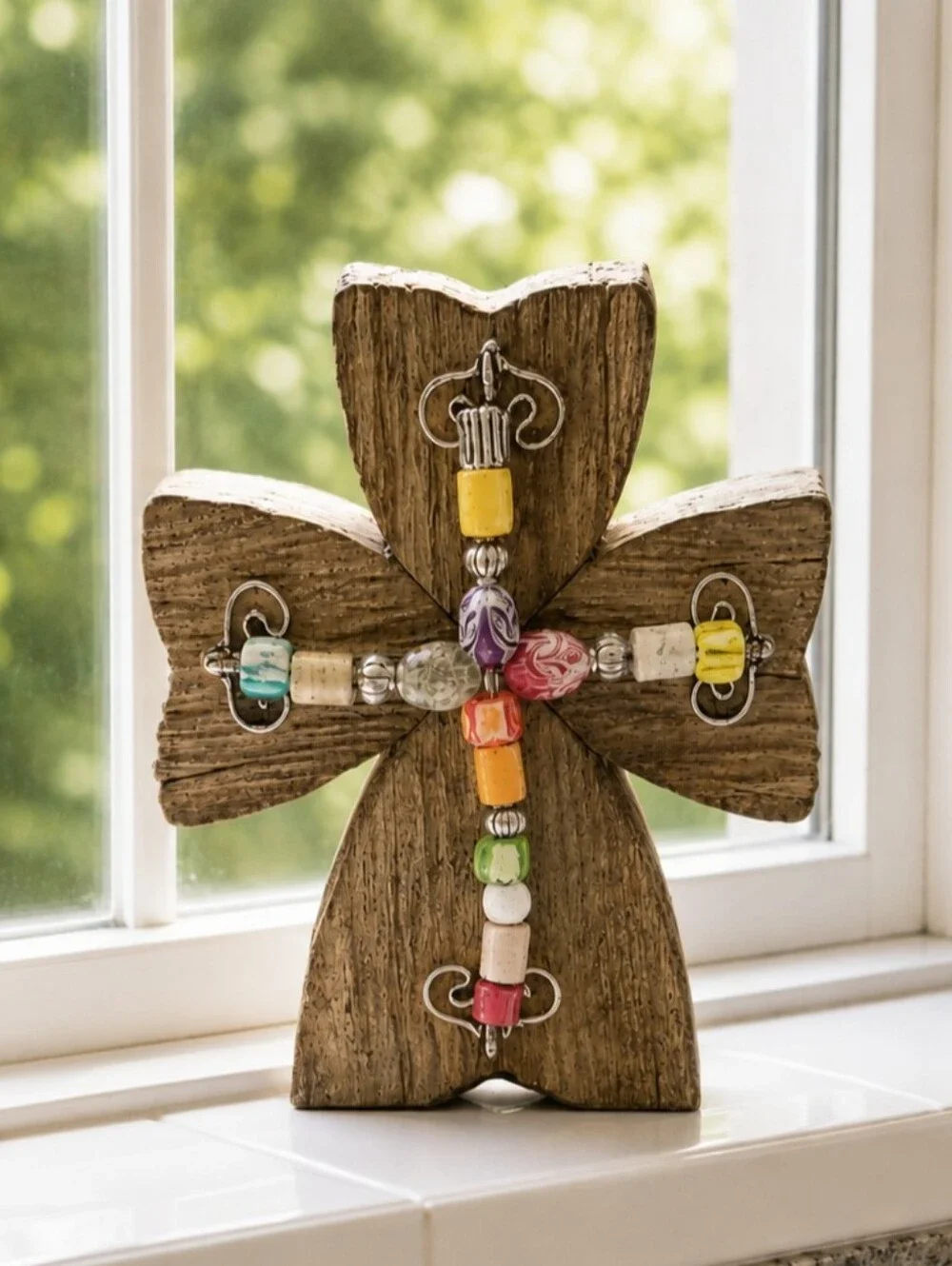 Beaded Cross Wood Table Decor - Multicolor Beads